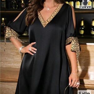 Black Satin V-Neck Dress with Geometric Trim
